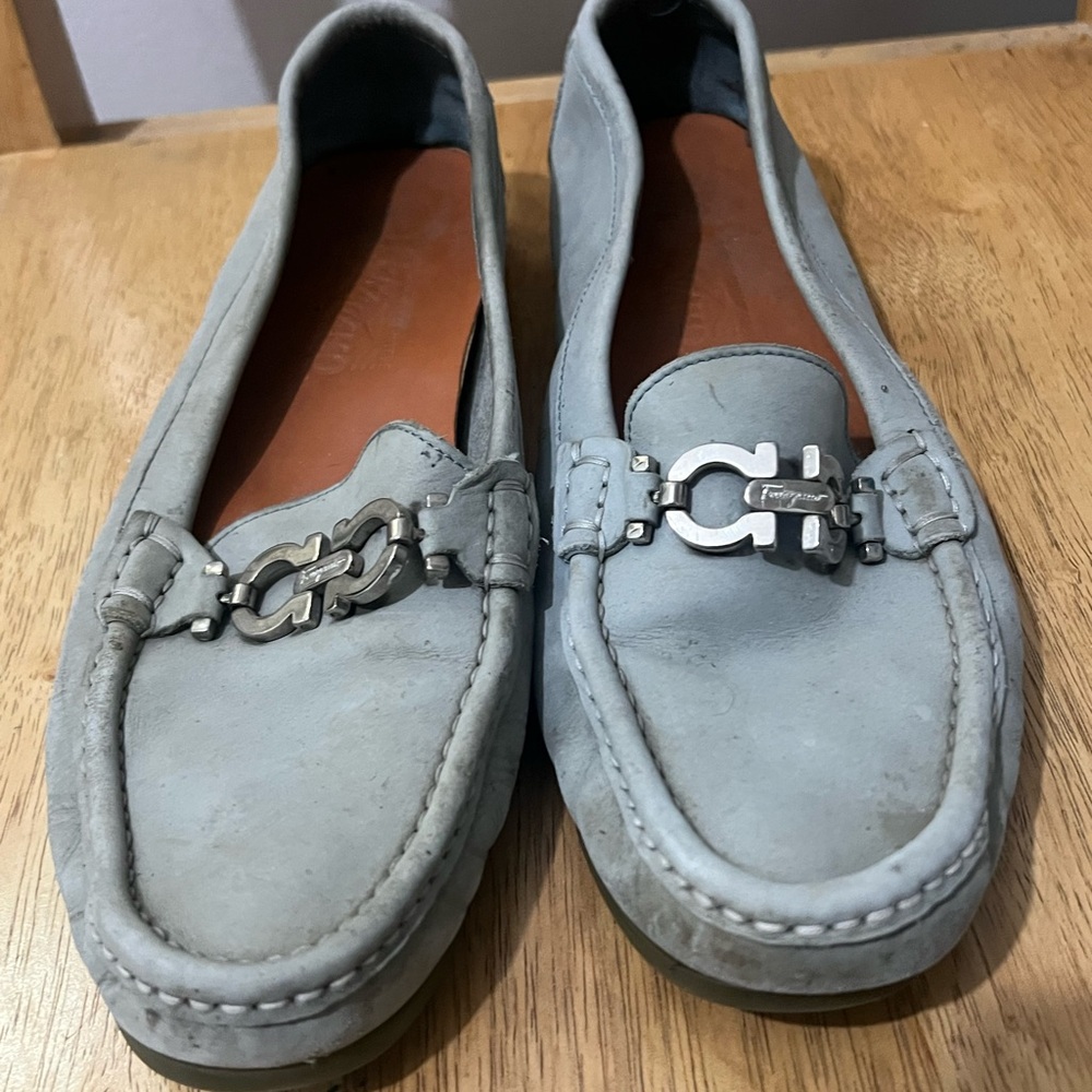 Ferragamo Women's Loafers 8.5B Slate, Genuine Leather Logo Buckle